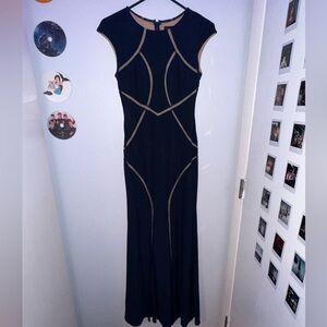 XSCAPE Long Ity Cap Sleeve Illusion Insets Gown - Navy Blue